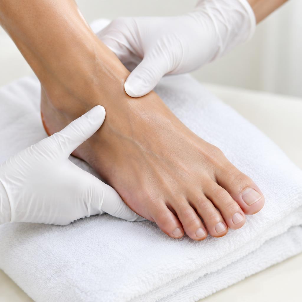 Symbolbild: Behandschuhte Hände pflegen einen Fuß auf einem weißen Handtuch.